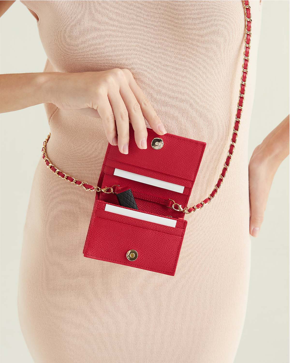 VERA Emily Flap Wallet with Leather Braided Gold Chain in Passionate Red กระเป๋าสตางค์หนังแท้ แบบเปิดฝา พร้อมสายโซ่สีทองร้อยหนัง สีแดง
