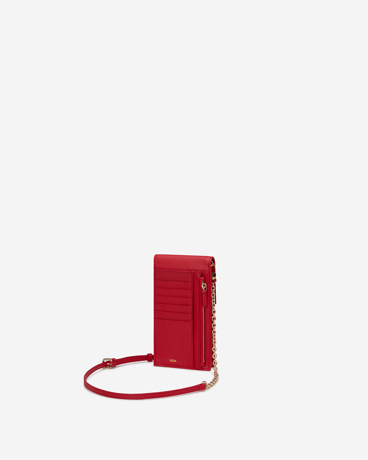 VERA Emily Phone Pouch with Leather Gold Chain in Passionate Red กระเป๋าใส่โทรศัพท์หนังแท้ พร้อมฟังก์ชั่นกระเป๋าสตางค์ มาพร้อมสายสะพายโซ่หนังถอดได้ สีแดง
